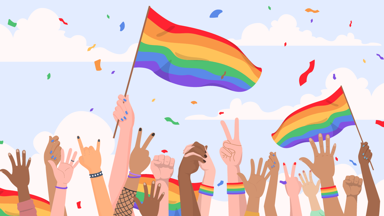 cartoon holding rainbow pride flags in a parade