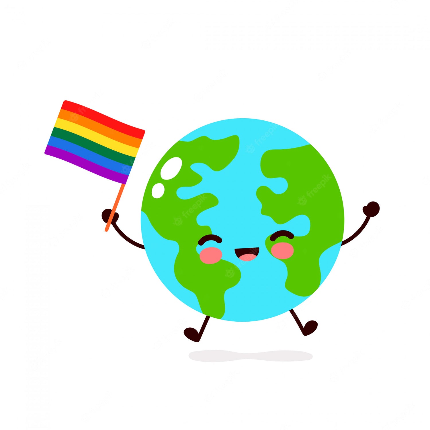 A cartoon image of the earth holding a rainbow pride flag